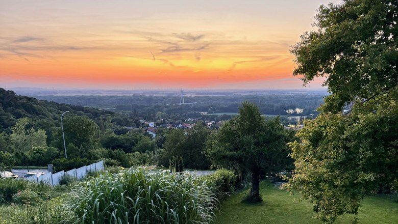 Sonnenuntergang Chalet Auenblick, © Gerlinde Schmid Sonnenuntergang über Hainburg an der Donau vom Garten des Chalet Auenblick mit gelben Blumen und kleinem Teich im Vordergrund.