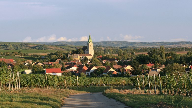Unterretzbach, © Gemeinde Retzbach Blick auf das Dorf Unterretzbach mit Kirche und Weinbergen im Vordergrund.