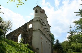 Schlossruine Zeissing, © Ronald Wuerflinger Ruine eines Schlosses mit erhaltenem Turm und Mauerresten, umgeben von Bäumen und blauem Himmel.