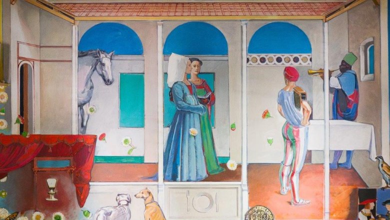 Fresco, © Thomas Nowak Fresko mit mittelalterlichen Figuren, einem Pferd und Hunden in einem Innenhof.