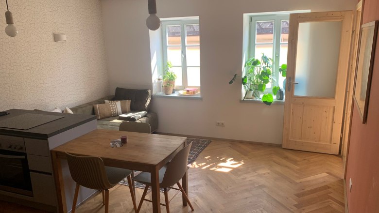 Apartment "Compact & Trendy", © kremsoase Helles Wohnzimmer mit Holzboden, Esstisch, Sofa und Pflanzen am Fenster.