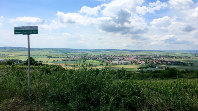 Traumhafter Rundblick am Köhlberg, © Marktgemeinde Ziersdorf Landschaft mit Blick auf Ziersdorf und Wegweiser 'Lebens-Kraft-Weg'.
