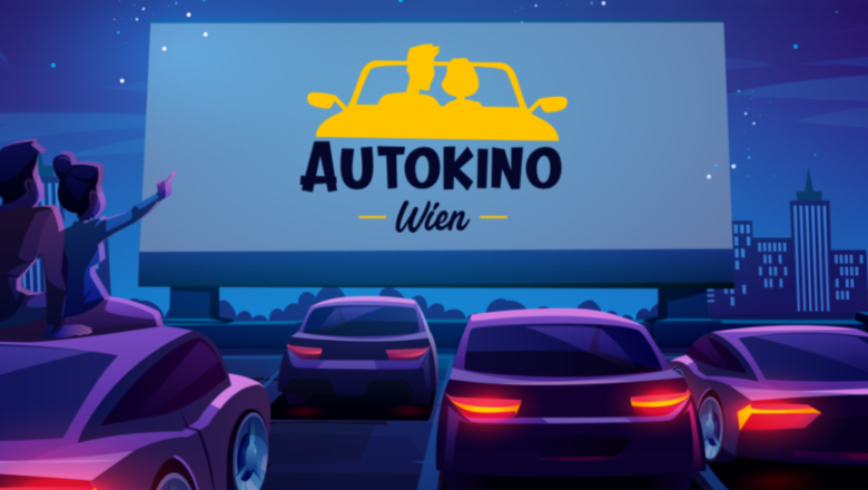 Autokino Wien, Groß-Enzersdorf, © Autokino Wien Illustration eines Autokinos in Wien bei Nacht mit Autos und einer großen Leinwand.