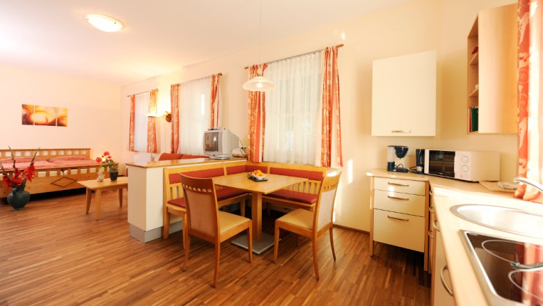 Zimmer, © Steve Haider Helles Zimmer mit Holzboden, Esstisch, Küche und Bett.