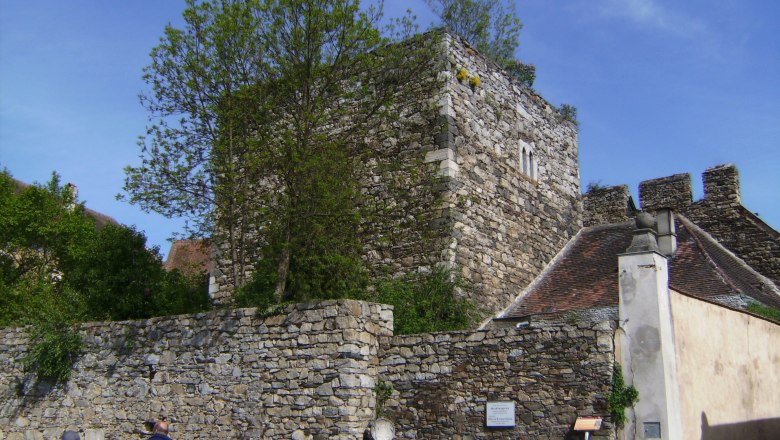 Stadtgemeinde Drosendorf-Zissersdorf, © Stadtgemeinde Drosendorf-Zissersdorf Historische Steinmauer und Turm in Drosendorf-Zissersdorf, umgeben von Bäumen und blauem Himmel.