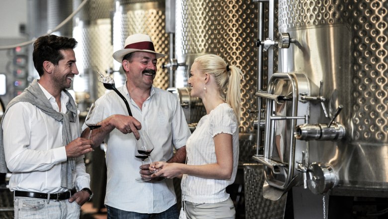 Weinkost im Weingut Netzl, © Donau Niederösterreich, Steve Haider Drei Personen bei einer Weinverkostung in einem Weingut.