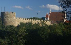 Kanzlerturm mit Stadtmauer und Pfarrkirche, © Veigl Harald Stadtmauer mit Kanzlerturm und Pfarrkirche im Hintergrund, umgeben von Bäumen.