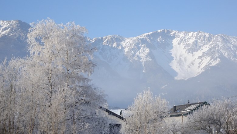 Ferienwohnung Schneebergblick, © Familie Zwinz Verschneite Landschaft mit Bergen im Hintergrund und Bäumen im Vordergrund.