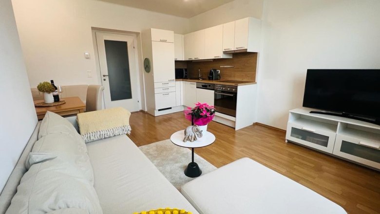 Wohnküche Ferienwohnung Cafe Frau Tinz, © Martina Lechner Moderne Wohnküche mit Sofa, Esstisch, Küchenzeile und Fernseher.