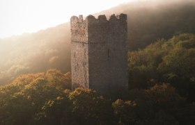 Pottenburg_c_ThomasHartlFotografie, © ThomasHartlFotografie Turm einer Burg im Wald - Pottenburg