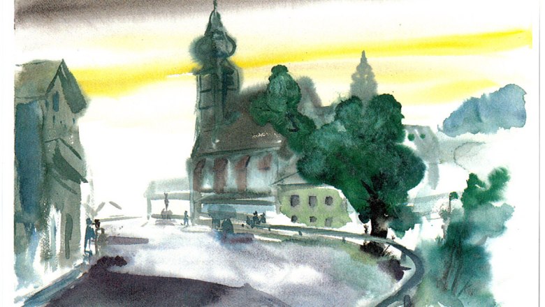 Aquarell von Sepp Gamsjäger, © gamsburg.at Aquarell einer Stadtansicht mit Kirche und Bäumen.