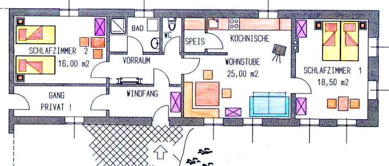FW "Ziegelstadel", © Blumentalhof Grundriss einer Wohnung mit zwei Schlafzimmern, Wohnstube, Küche, Bad und Vorraum.