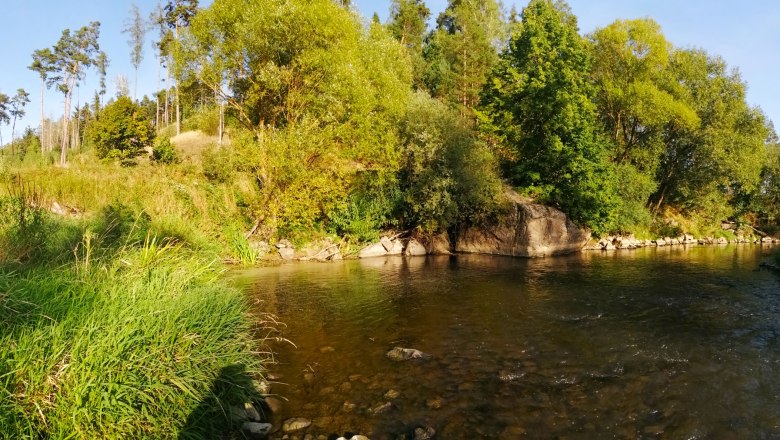 Hangenstein im Thayatel bei Karlstift, © Matthias Schickhofer Flusslandschaft mit Bäumen und Felsen am Ufer.