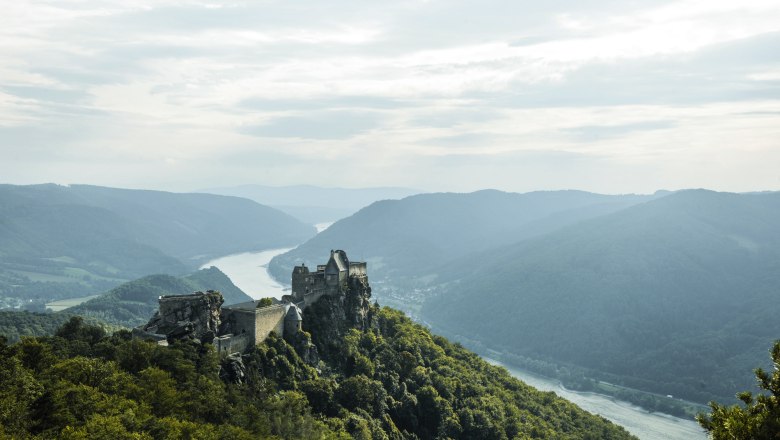 Burgruine Aggstein, © Steve Haider Luftaufnahme der Burgruine Aggstein auf einem bewaldeten Hügel mit Blick auf die Donau und umliegende Berge.