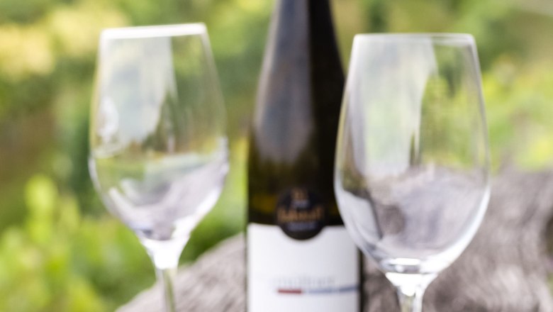 Wein, © PamelaSchmatz Zwei leere Weingläser und eine Weinflasche auf einem Holztisch im Freien.