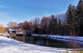 Naturteich mit Trinkwasserqualität, © Wiener Alpen, intern Ein Naturteich mit klarem Wasser, umgeben von schneebedecktem Boden und Bäumen im Hintergrund.