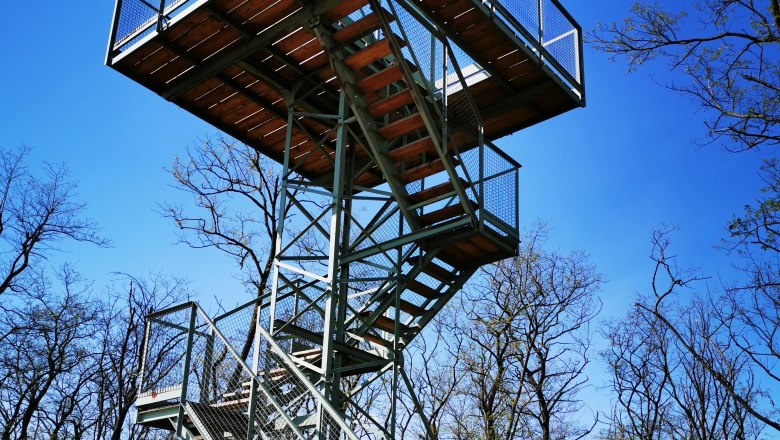 Heidbergwarte in Alberndorf, © Weinstraße Weinviertel Metallturm mit Treppe in einem Waldgebiet unter blauem Himmel.