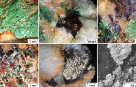 Kupfererz aus Prigglitz unter dem Mikroskop, © Roland Haubner/TU Wien Mikroskopische Aufnahmen von Kupfererz aus Prigglitz mit grünen, braunen und metallischen Strukturen.