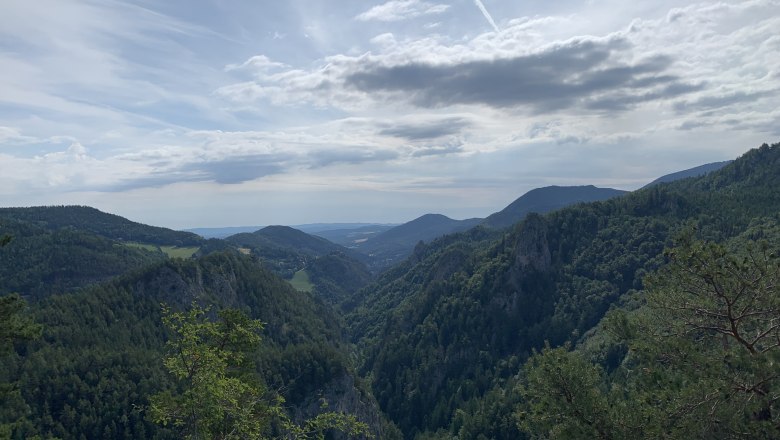Semmering Blick Weinzettlwand, © Tourismusverband Semmering-Rax-Schneeberg Blick auf bewaldete Berge und Täler unter einem bewölkten Himmel.