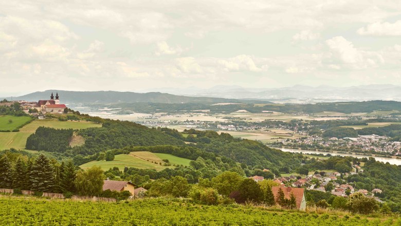 Aussicht auf Maria Taferl und das Donautal, © Klaus Engelmayer Landschaft mit Blick auf Maria Taferl und das Donautal, grüne Felder und Hügel im Vordergrund, Fluss und Berge im Hintergrund.