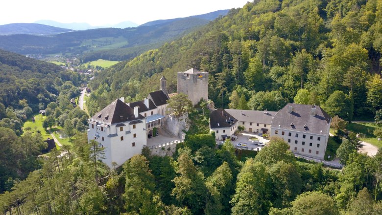 Naturparkzentrum & Schloss Stixenstein, © Stadtgemeinde Ternitz Luftaufnahme von Schloss Stixenstein inmitten grüner Wälder und Hügel.