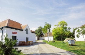 Kellergasse Maulavern, © Weingut Arthold Kellergasse mit weißem Gebäude und Bänken vor einem Weingut an einem sonnigen Tag.