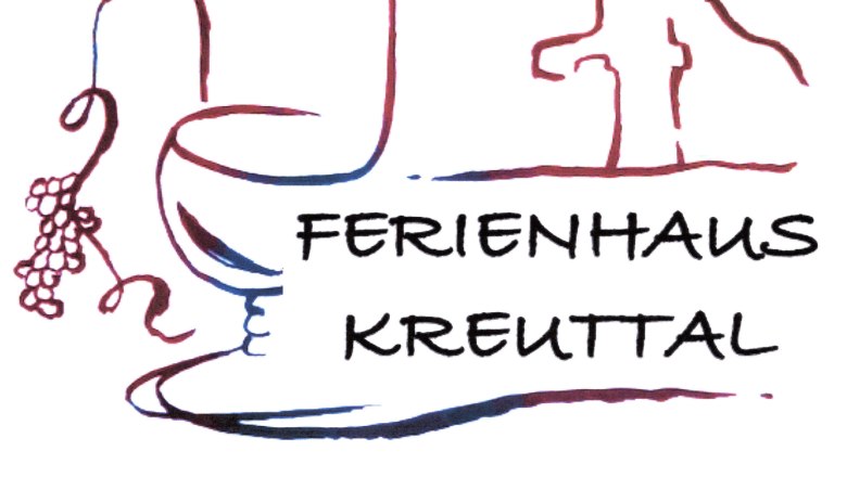 Logo, © Ferienhaus Kreuttal Logo des Ferienhauses Kreuttal mit Weinflasche, Trauben und Hausumriss.