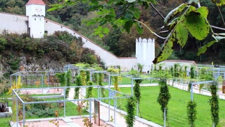 Karten der Kartause, © Kartause Aggsbach/Nussbaumer Gartenanlage mit Metallstrukturen und Burgmauer im Hintergrund.