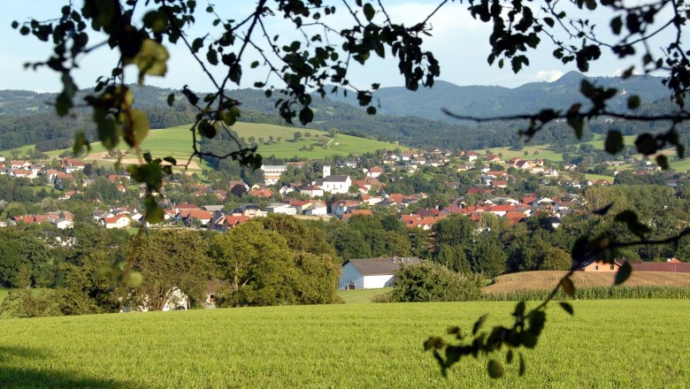 Marktgemeinde Oberndorf an der Melk, © Rötzer Gerhard Panorama von Oberndorf an der Melk mit grünen Feldern und Hügeln im Hintergrund.