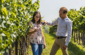 Vanessa Ettenauer und Fabian Heistinger, © Weinbau Viti Zwei Personen in einem Weinberg, eine Frau hält ein Weinglas, ein Mann schenkt Wein ein.