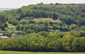 Guglhupfberg Gaiselberg, © Ableidinger von Tuzar Landschaft mit Hügel, Bäumen und Häusern im Vordergrund.