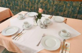 Pension Sprinzl, © Sprinzl Ein gedeckter Tisch mit Geschirr und einer Vase mit Rose.