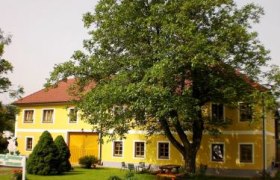 UAB Kerschner, © Fam. Kerschner Gelbes Gebäude mit rotem Dach und großem Baum im Vordergrund.