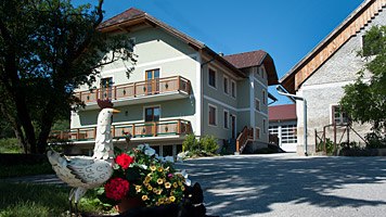 Gänswoader, © zVg Gänswoader Ein Bauernhof mit einem grünen Haus, Blumen und einer Gänsestatue im Vordergrund.