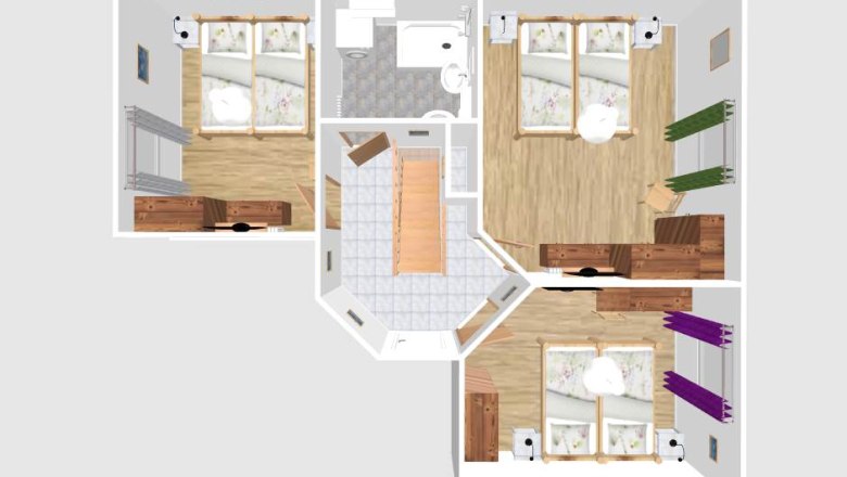 3d Plan Fewo 6 Etage 1, © Gruber Claudia 3D-Grundriss einer Ferienwohnung mit drei Schlafzimmern, Bad und Treppenhaus.