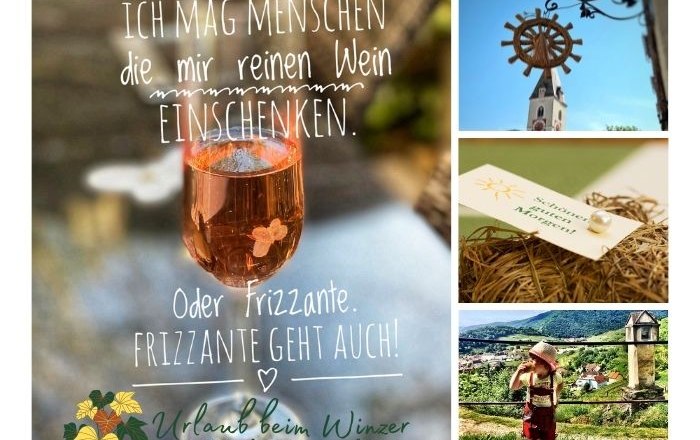 Wachau Urlaub, © Özelt Collage mit Wein, Kirche, Etikett und Kind in der Wachau.