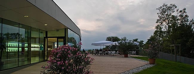 Terasse Gebietsvinothek Weritas, © Jürgen Pistracher Moderne Terrasse mit Glasfassade und Pflanzen, Abendstimmung.