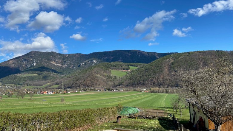 Aussicht von der Terrasse, © Wiener Alpen Blick von einer Terrasse auf grüne Felder und bewaldete Hügel unter blauem Himmel mit Wolken.