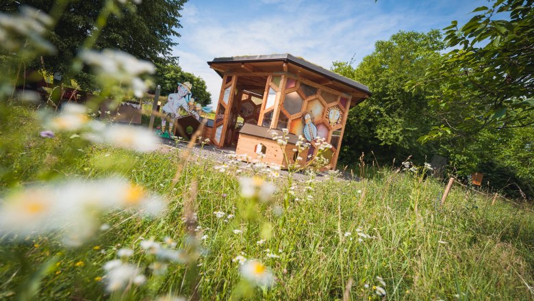 Bienenpavillon in der Wiese, © Philip Baumgartner Ein hölzerner Bienenpavillon steht in einer blühenden Wiese, umgeben von Bäumen und einem blauen Himmel.