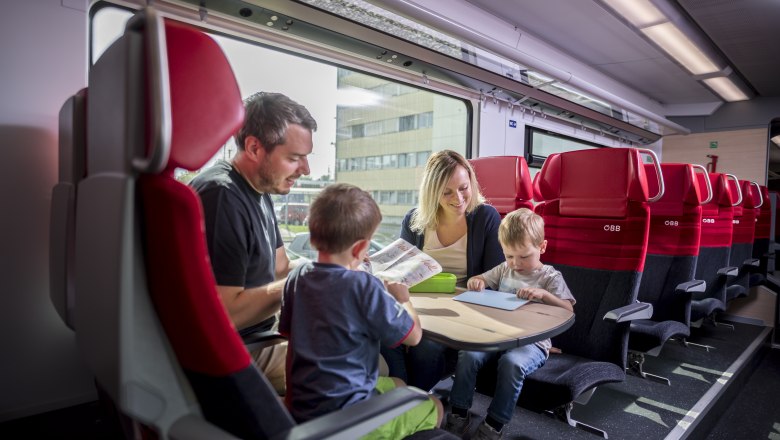 Zug, © Weinviertel Tourismus GmbH / Herbst Eine Familie sitzt in einem Zugabteil der ÖBB und beschäftigt sich mit Büchern und Zeichnungen.