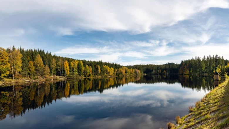 Schlesingerteich, © Studio Kerschbaum Ein ruhiger See mit herbstlich gefärbten Bäumen und einem klaren Himmel.