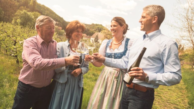 Familie Faltl, © Weingut Faltl Vier Personen stoßen mit Weingläsern in einem Weinberg an.