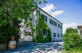 Außenansicht, © Werner Wachsmann Verlag Außenansicht eines weißen Hauses mit grünen Fensterläden und Efeu an der Fassade.