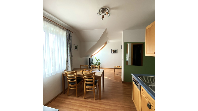 Ferienwohnung Marille, © Trachsler Innenansicht einer Ferienwohnung mit Esstisch, Stühlen und Küchenzeile.