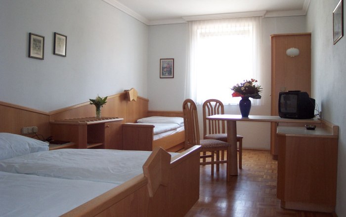 Hotel zum Goldenen Stern, © Familie Graf Ein einfach eingerichtetes Hotelzimmer mit zwei Betten, einem Tisch, Stühlen und einem kleinen Fernseher.