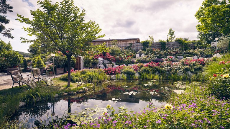 Kittenberger Erlebnisgärten_Andreas Hofer Photography, © Kittenberger Erlebnisgärten_Andreas Hofer Photography Ein malerischer Garten mit Teich, bunten Blumen und Bänken unter einem Baum.