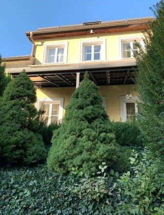 Haus mit Pool, © bed and pool Gelbes Haus mit Balkon, umgeben von grünen Bäumen und Sträuchern.