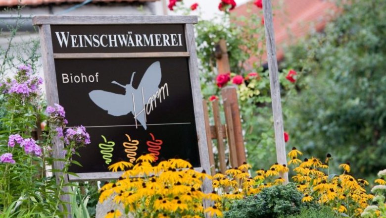 Weinschwärmerei Beschilderung, © Florian Schulte Schild mit der Aufschrift 'Weinschwärmerei Biohof Harm' in einem blühenden Garten.