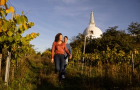 Feuersbrunner Stupa-Weg, © Doris Schwarz-König Paar wandert durch die Weingärten, im Hintergrund die Stupa