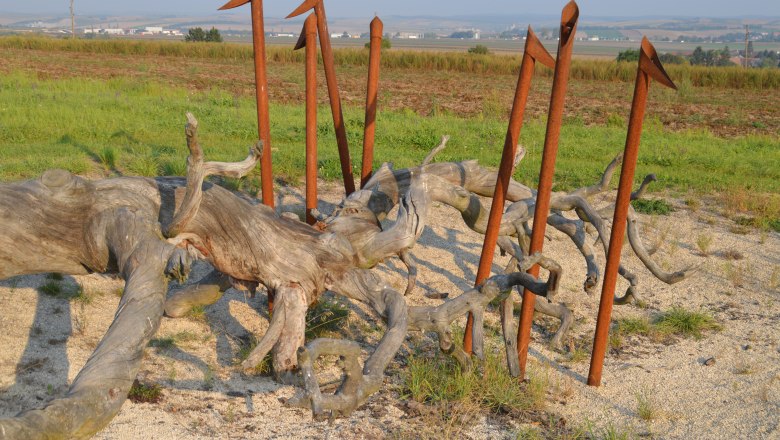 Baumkreis Veltlinerland, © StadtGemeinde Mistelbach / Mag. Mark Schönmann Kunstinstallation aus Holz und Metallstangen in einer ländlichen Landschaft.